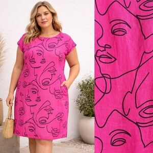 100% Linen Shift Dress European Abstract Airy Face Line Italian Artsy Resort XL